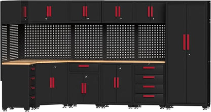 Garage Storage Cabinet System,16PCS Garage Cabinets and Storage System Corner Workshop Set with Corner Cabinet, Cabinet Drawers, Workbench, Pegboard for Tool Organization, Black Red