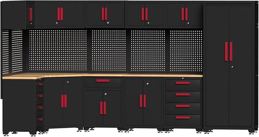 Garage Storage Cabinet System,16PCS Garage Cabinets and Storage System Corner Workshop Set with Corner Cabinet, Cabinet Drawers, Workbench, Pegboard for Tool Organization, Black Red