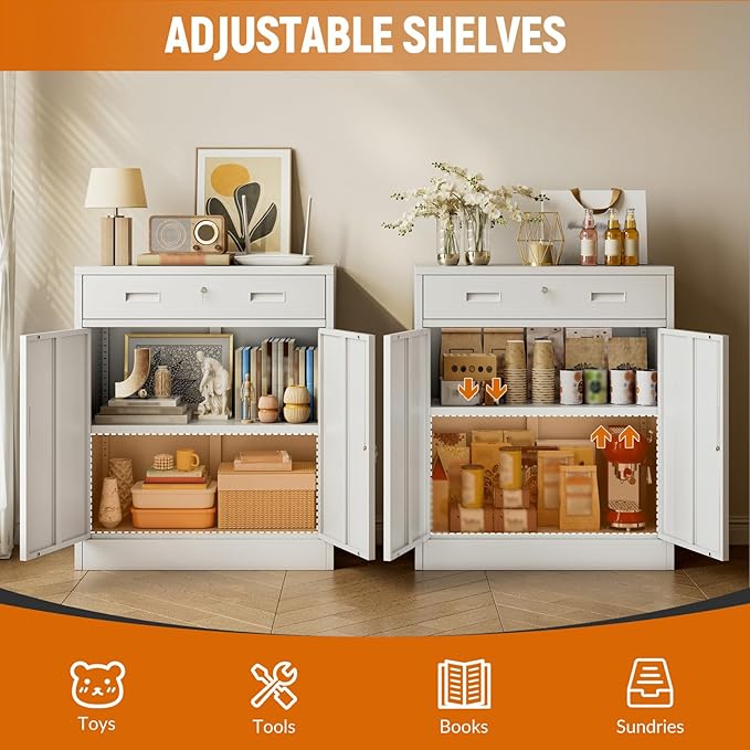 BESFUR Metal Garage Storage Cabinet with One Lockable Drawer 2 Locking Doors and an Adjustable Shelf, 36" White Metal Short Storage Cabinet for Home Office, Garage,School,Utility Room