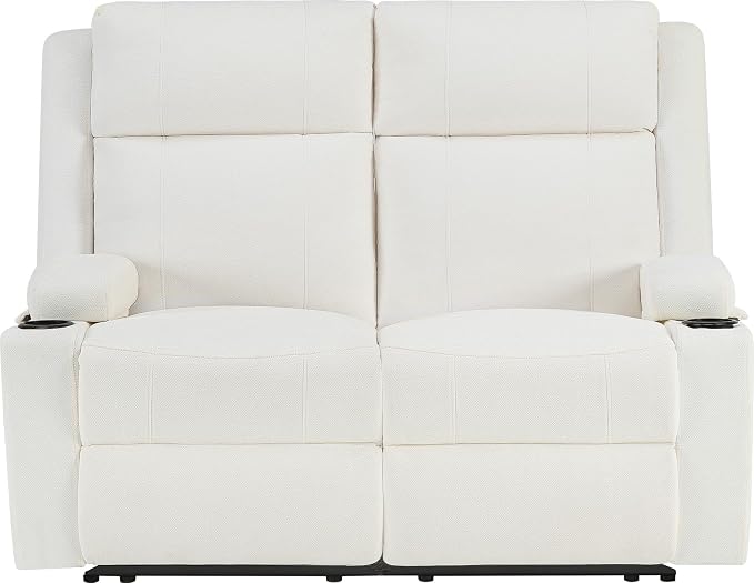 55" RV Loveseat Recliner – Space-Saving Double Reclining RV Sofa, Compact Theater Seating with Cup Holders & Storage Pocket, Beige Chenille Couch for Camper, Motorhome & Home Theater