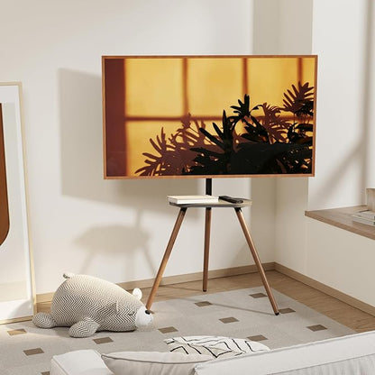 Tripod Easel TV Stand for 43–65 Inch TVs, Height Adjustable Swivel Floor Stand with Wood Shelf and Cable Management, VESA 400x400, Minimalist Black Walnut