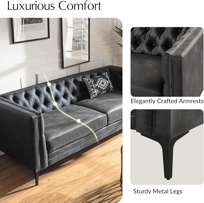 HULALA HOME 84" W Faux Leather Sofa Couch with Metal Legs, Button-Tufted 3-Seater Sofa, Mid Century Modern Contemporary Upholstered Couch for Living Room, Apartment, Charcoal