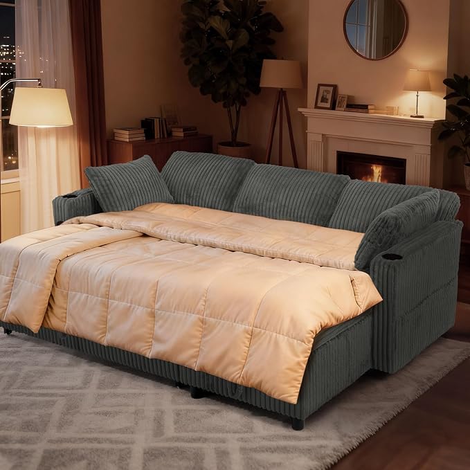 84" Corduroy Pull Out Sofa Bed w/Adjustable Backrests, Sectional L-Shape Sleeper Sofa w/Storage Chaise, Convertible Couch Bed w/USB Charging Port & Cup Holders for Living Room, House, Grey