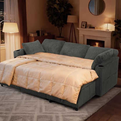 84" Corduroy Pull Out Sofa Bed w/Adjustable Backrests, Sectional L-Shape Sleeper Sofa w/Storage Chaise, Convertible Couch Bed w/USB Charging Port & Cup Holders for Living Room, House, Grey