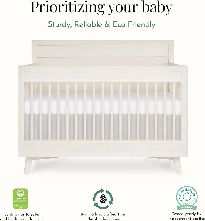 Evolur Loft Antilia 4-in-1 Convertible Full-Size Baby Crib in Vanilla Bean, GreenGuard Gold & BSA, Converts to Toddler, Day & Full-Size Bed, 3 Mattress Heights Modern Scandinavian Design