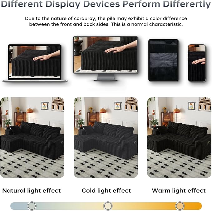 Cloud Boneless Sectional Couches with Oversized Chaise for Living Room, Modular L Shaped Couch with Deep Seat, Memory Foam Compressed 3 Seater Sofa for Apartment