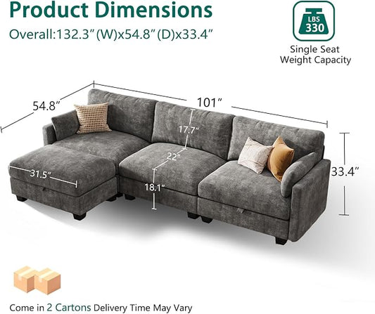 Modular Sectional L Shaped Sofa Couches for Living Room, Cloud Couch with Storage Ottoman, Comfy Chenille Sofa with Pillow, Dark Gray