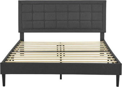 Decoro Mornington Upholstered 2.0 Platform Bed, Button-Tufted Fabric Headboard and Metal Frame with Wood Slat Support, Dark Grey, Queen