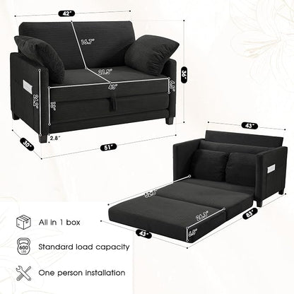 Myroyalsit 51" Convertible Loveseat Sofa Bed, 2-in-1 Folding Sofa Bed with 2 Pillow for Small Spaces, Modern Loveseat Sleeper Couch for Apartment, Living Room & Guest Room (Black Corduroy, 51 inch)