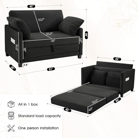 Myroyalsit 51" Convertible Loveseat Sofa Bed, 2-in-1 Folding Sofa Bed with 2 Pillow for Small Spaces, Modern Loveseat Sleeper Couch for Apartment, Living Room & Guest Room (Black Corduroy, 51 inch)