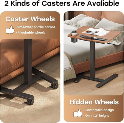 Small Mobile Standing Desk with Drawer, 23.6"x19.7" Rolling Laptop Cart on Wheels, Height Adjustable Sit Stand Computer Workstation with Storage for Compact Space, Dark Wood