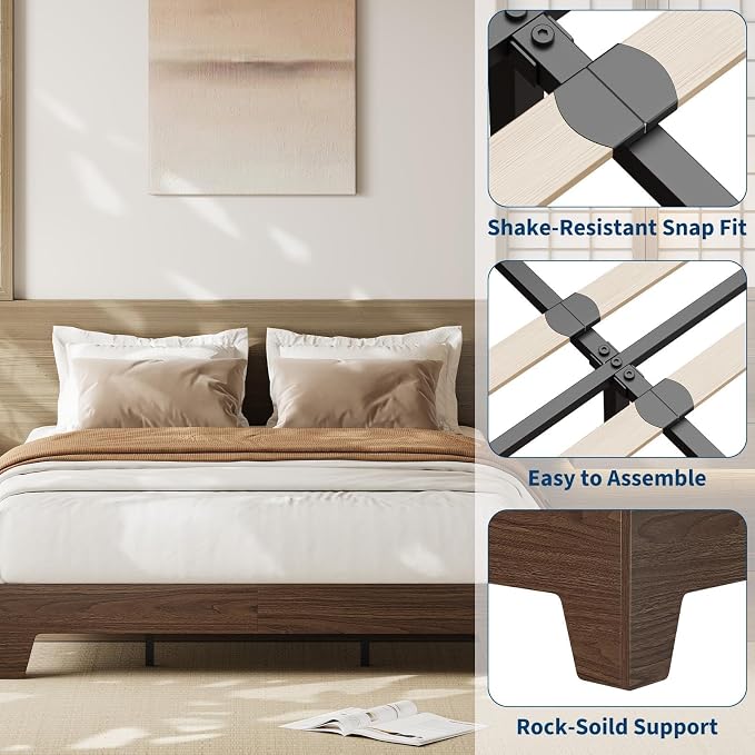 IDEALHOUSE Queen Size Wood Bed Frame,Platform Nature Bed with Strong Wooden Slats,No Box Spring Needed,Minimalist Bedroom Furniture,Contemporary Wooden Bed Frame,Easy Assembly