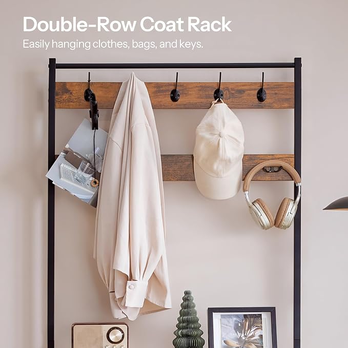 HOOBRO Hall Tree with Bench, Narrow Shoe Rack with Coat Rack, Coat Rack with Shoe Storage, 5 Tier Slanted Shoe Storage Organizer, Coat and Shoe Rack Entryway, Slim Hall Tree, Rustic Brown BF20MT01