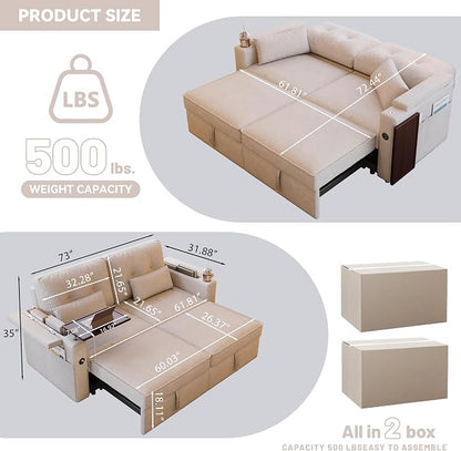 73" Queen Size Sofa Bed, Loveseat Sleeper Sofa with Pull Out Bed, 360° Swivel Table and USB, Modern 2 Seater Convertible Corduroy Couch for Living Room Bedroom Apartment, Beige