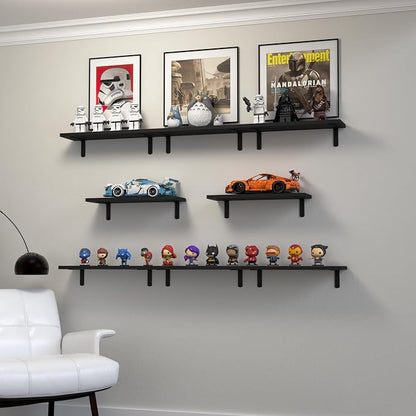 DOLLFIO Floating Shelves, 8 Sets Wooden Floating Shelves for Bedroom & Bathroom Wall Decor, Floating Book Shelf Living Room Black
