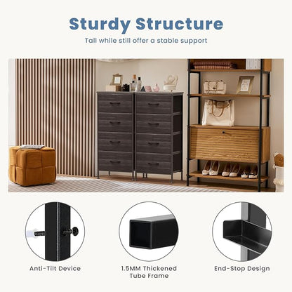 DUMOS Nightstand with 4 Drawers Bedside Table with Removable Fabric Bins Sturdy Steel Frame Wood Top Organizer Furniture for Bedroom Closet Living Room,Black Wood Grain