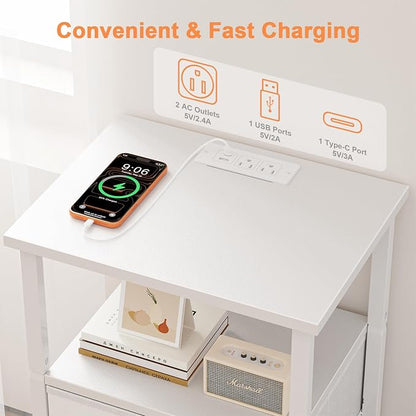 Nightstand with Charging Station, Bedside End Table with 2 Fabric Drawers for Bedroom, Side Table with USB Ports and Outlets (White)
