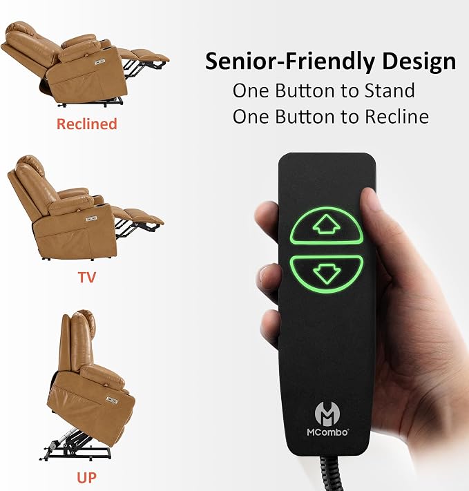 MCombo Power Lift Recliner Chair for Elderly, Lift Chair with Heat and Massage, FSC Certified, USB Ports, Cup Holders, Faux Leather 7141 (Tawny, Small)