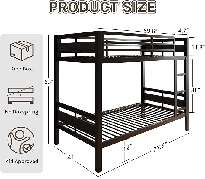 Bunk Bed Twin Over Twin, Heavy Duty Metal Bunkbeds with Full-Length Guardrail, Space-Saving Steel Bed for Kids & Adults, No Box Spring Required, Black
