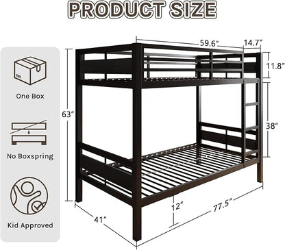 Bunk Bed Twin Over Twin, Heavy Duty Metal Bunkbeds with Full-Length Guardrail, Space-Saving Steel Bed for Kids & Adults, No Box Spring Required, Black