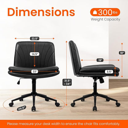 Orange Factory Criss Cross Chair with Wheels Comfy Wide Vanity Desk Chair Dual Base Leather Armless Adjustable Swivel for Home Computer Task (Black Pu, Faux Leather)