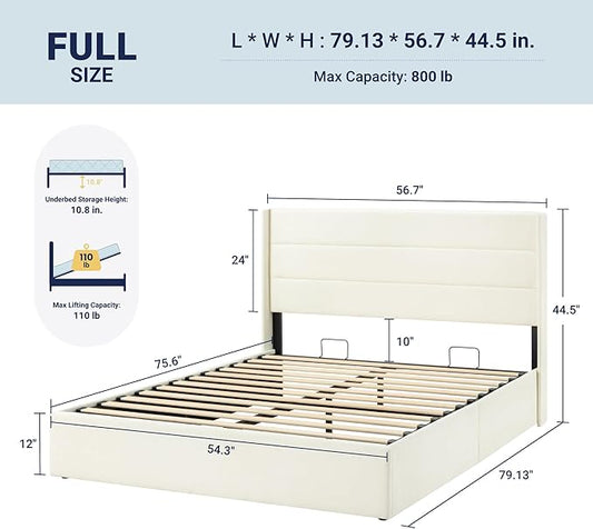 Allewie Full Size Lift Up Storage Bed, Chenille Fabric Upholstered, Modern Wingback Headboard, Hydraulic Support, No Box Spring Needed, Cream White
