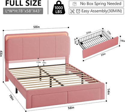 Feonase Full Upholstered Bed Frame with Headboard and 2 Storage Drawers, Built-in Charging Station, Velvet Platform LED Bed with Solid Wood Slat Support, No Box Spring Needed, Pink
