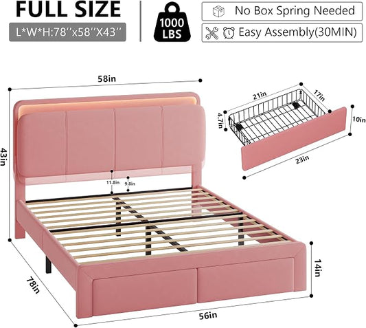 Feonase Full Upholstered Bed Frame with Headboard and 2 Storage Drawers, Built-in Charging Station, Velvet Platform LED Bed with Solid Wood Slat Support, No Box Spring Needed, Pink