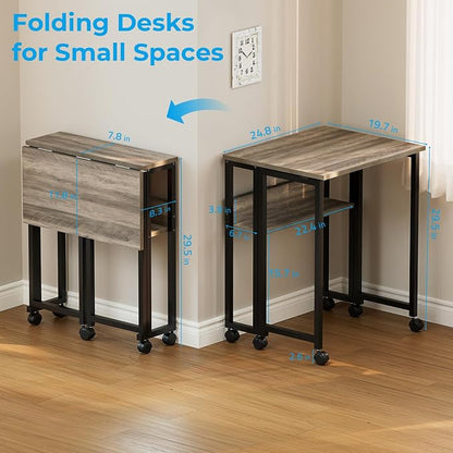 GreenForest Folding Desk with Wheels, 24.8 Inch Compact Rolling Computer Table with Storage Shelf, Portable Mobile Workstation for Small Spaces, Easy Assembly,Grey Wash