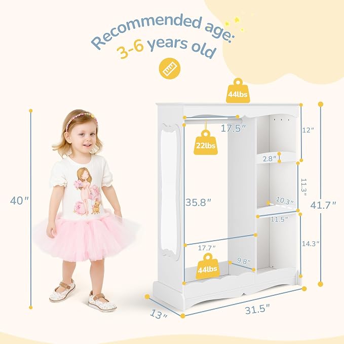 Curipeer Kids Dress Up Storage with Cloud Base & Flower Mirror, Open Hanging Closet Wardrobe for Children, Kids Armoire & Costume Organizer for Bedroom Playroom Preschools Classroom, White
