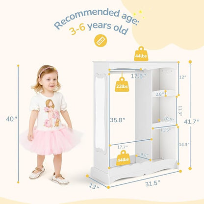 Curipeer Kids Dress Up Storage with Cloud Base & Flower Mirror, Open Hanging Closet Wardrobe for Children, Kids Armoire & Costume Organizer for Bedroom Playroom Preschools Classroom, White