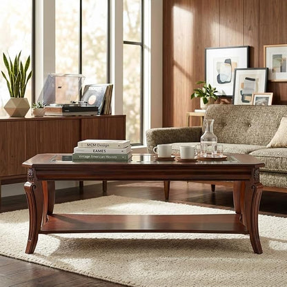 Rectangle Coffee Table for Living Room, Solid Wood Coffee Table with Glass Top, Traditional Distressed Farmhouse Style with Shelf, Solid Hardwood Rustic Center Table for Living Room, Cherry 1168GT
