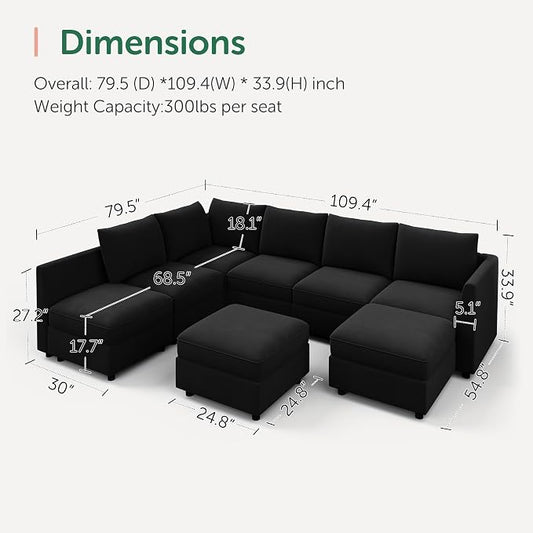 HONBAY Modular Sectional Couch U Shaped Sectional Sofa with Storage Velvet Convertible Sectional Couches for Living Room,Black