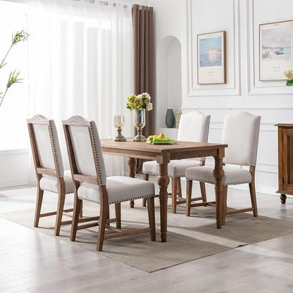 ROCITY Linen Dining Chairs Set of 6 Beige Upholstered Dining Room Chairs Farmhouse Kitchen Side Chairs with Wooden Legs&Nailhead Trim