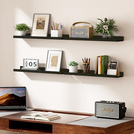 upsimples Floating Shelves for Wall, 23.6 Inch Shelves for Decor Storage Set of 6, Wall Mounted Wood Shelf for Bedroom, Living Room, Bathroom, Kitchen, Long Picture Ledge Shelves, Black