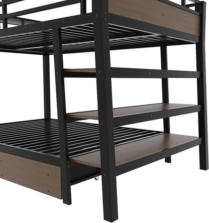 Bellemave Bunk Bed Full Over Full，Metal Bunk beds with Storage Shelves, LED Light Strip, and USB Power Strip, Upper Bed with Desk, Black