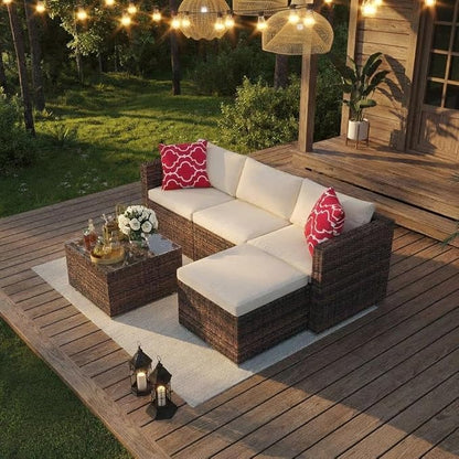 5-Piece Outdoor Sectional Sofa Set, Outdoor Patio Set Sectional Sofa, All-Weather PE Rattan Patio Furniture with Ottoman & Tempered Glass Table for Garden, Backyard, Porch, Poolside (Brown/Beige)
