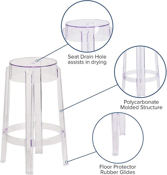 Flash Furniture Laney 25.75" Indoor/Outdoor Counter Height Transparent Dining Stool with Foot Ring, Stackable Ghost Counter Height Stool, Transparent