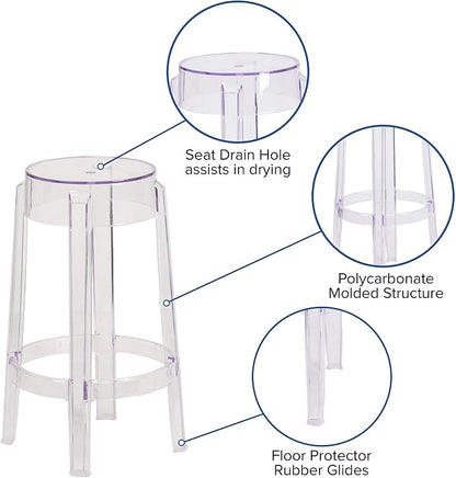 Flash Furniture Laney 25.75" Indoor/Outdoor Counter Height Transparent Dining Stool with Foot Ring, Stackable Ghost Counter Height Stool, Transparent