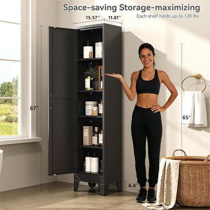 67" Tall Narrow Storage Cabinet with Reversible Doors and Adjustable Shelves,11.8" Deep By 15.7" Wide Metal Slim Cabinet for Bathroom Kitchen Garage Small Spaces,Black,1 Pc