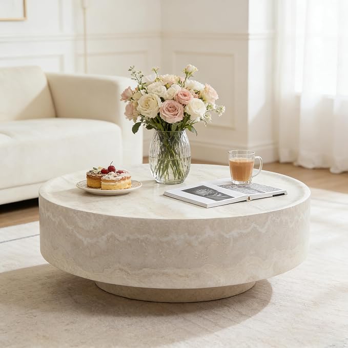 35.43" Modern Coffee Table Faux Marble Round Coffee Tables, Fiberglass Drum Center Table, Accent Low Circle Coffee Table Stone, Minimalist Sofa Side End Table for Living Room Apartment Office
