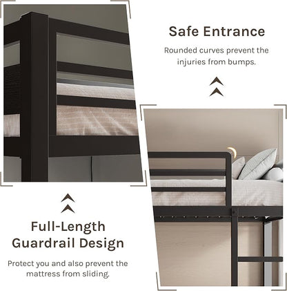Bunk Bed Full Over Full, Heavy Duty Metal Bunkbeds with Full-Length Guardrail, Space-Saving Steel Bed for Kids & Adults, No Box Spring Required, Black