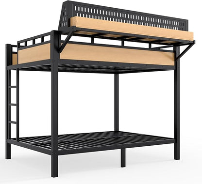 Bellemave Bunk Bed Full Over Full，Metal Bunk beds with Storage Shelves USB Ports and LED Lights, Natural