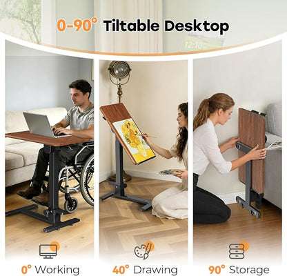 Foldable Mobile Standing Desk, 27 Inch Small Rolling Laptop Cart Height Adjustment, 90° Tiltable Bedside Table, No Assembly Needed Portable Computer Workstation, Dark Wood