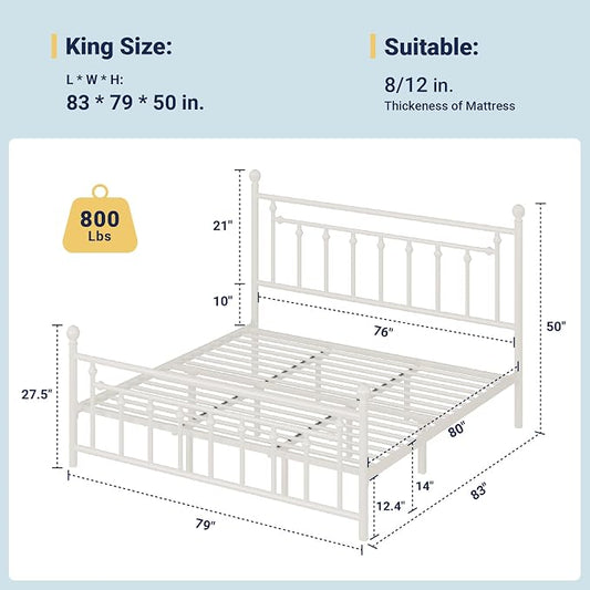 Allewie 14 Inch King Size Metal Platform Bed Frame with Victorian Vintage Headboard and Footboard/Mattress Foundation/Under Bed Storage/No Box Spring Needed/Easy Assembly/Noise Free/White