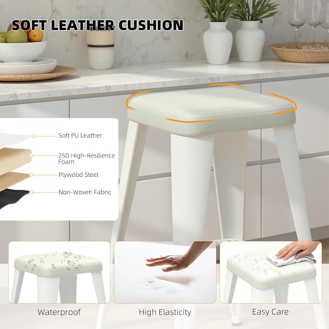 Bar Stools Set of 4, 26" Counter Height Bar Stools Backless, Upholstered Bar Stools with Metal Legs for Kitchen Island, Study Room, Cafe, White