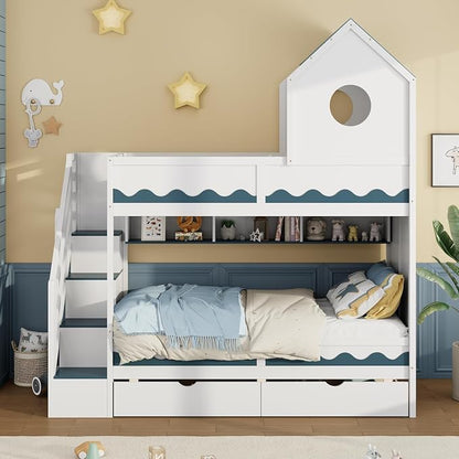 Virubi Twin House Bunk Bed with Stairs and Drawers,Wood Castle Bed with Storage Drawers Shelves& LED Lights (Twin Over Twin,White)