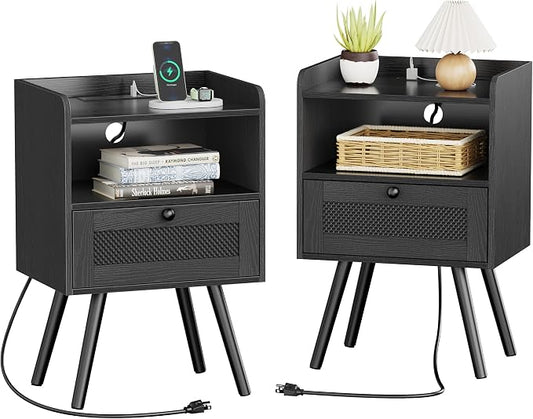 SUPERJARE Nightstands with Charging Station, Bedside Table Set of 2 with Texilene Surface Drawers, Rattan Side Table with Storage & Solid Wood Feet, End Table for Bedroom, All Black