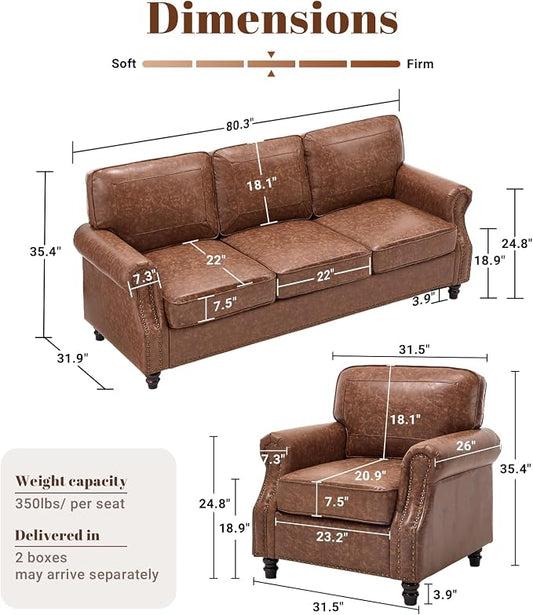 Kingfun Mid-Century Modern Couch, Faux Leather Sofa Set, 3 Seater Couch for Living Room with Rolled arms & Nailhead Trim, Dark Brown