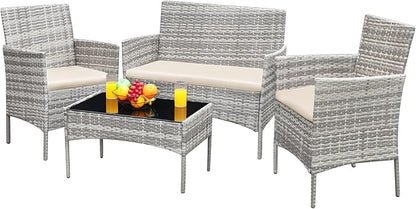 Greesum Patio Furniture 4 Pieces Conversation Sets Outdoor Wickerr Rattan Chairs Garden Backyard Balcony Porch Poolside loveseat with Soft Cushion and Glass Table, Gray and Beige